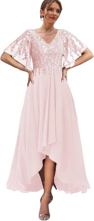 Chiffon Mother of The Bride Dress Lace Applique Beaded Formal Evening Gown with Ruffle Sleeve MK43
