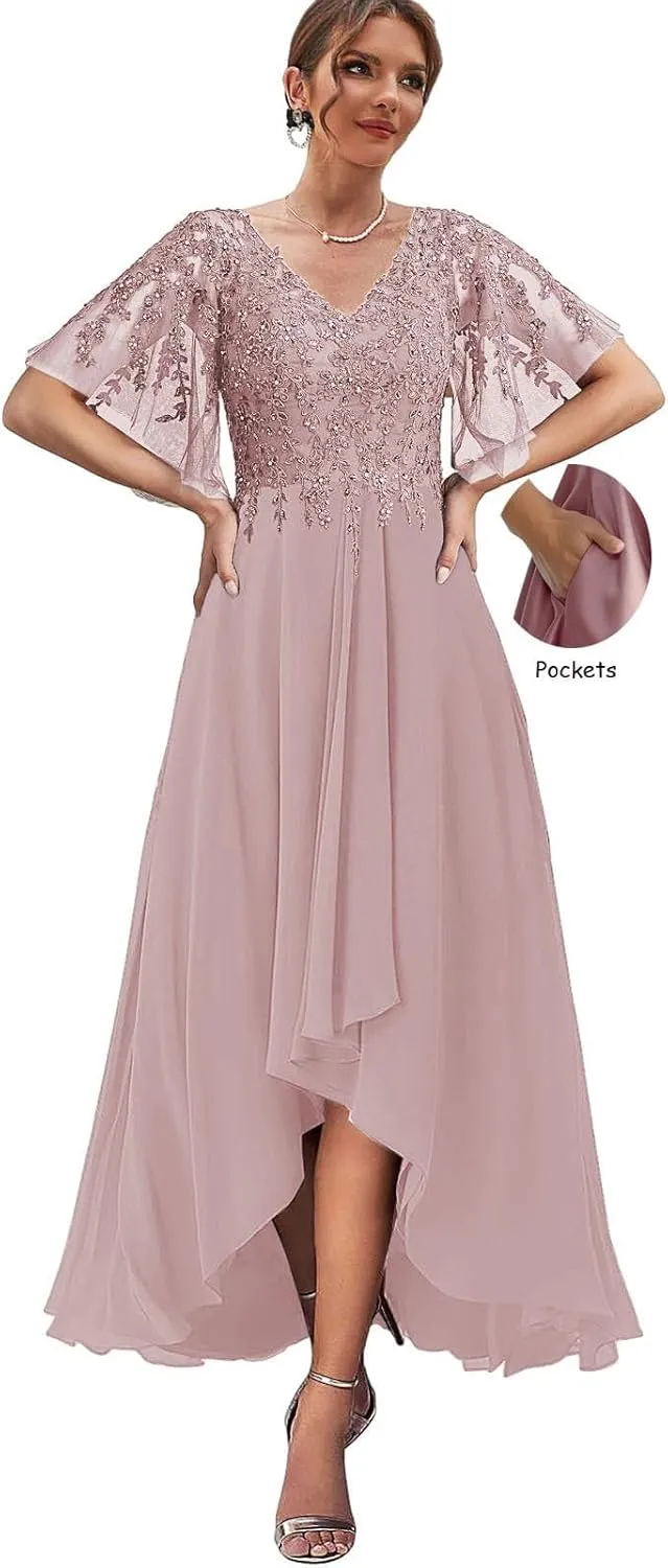 Chiffon Mother of The Bride Dress Lace Applique Beaded Formal Evening Gown with Ruffle Sleeve MK43