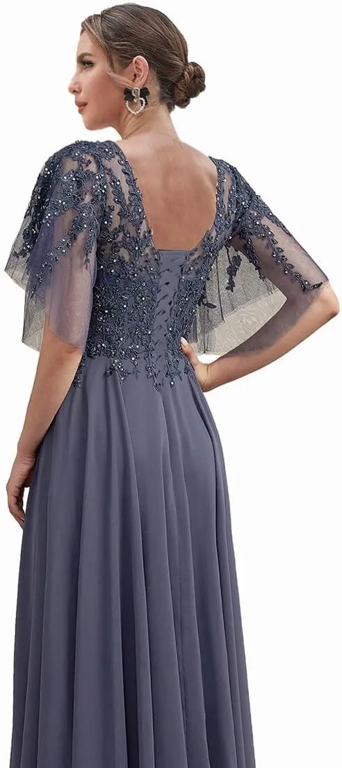 Chiffon Mother of The Bride Dress Lace Applique Beaded Formal Evening Gown with Ruffle Sleeve MK43