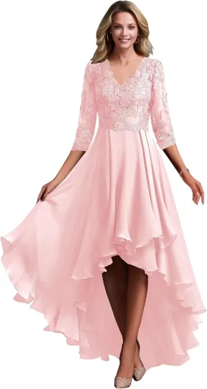 Chiffon Mother of The Bride Dresses for Wedding Lace Appliques 3/4 Sleeves High Low Formal Evening Guest Dress