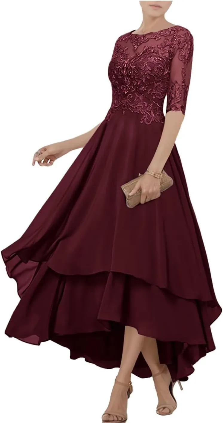Chiffon Mother of The Bride Dresses for Wedding Tea Length Lace Appliques 1/2 Sleeve Tiered Formal Evening Gowns