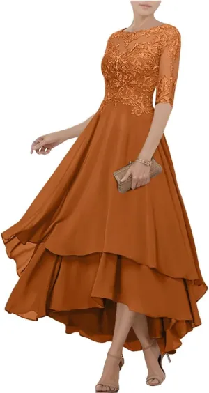 Chiffon Mother of The Bride Dresses for Wedding Tea Length Lace Appliques 1/2 Sleeve Tiered Formal Evening Gowns
