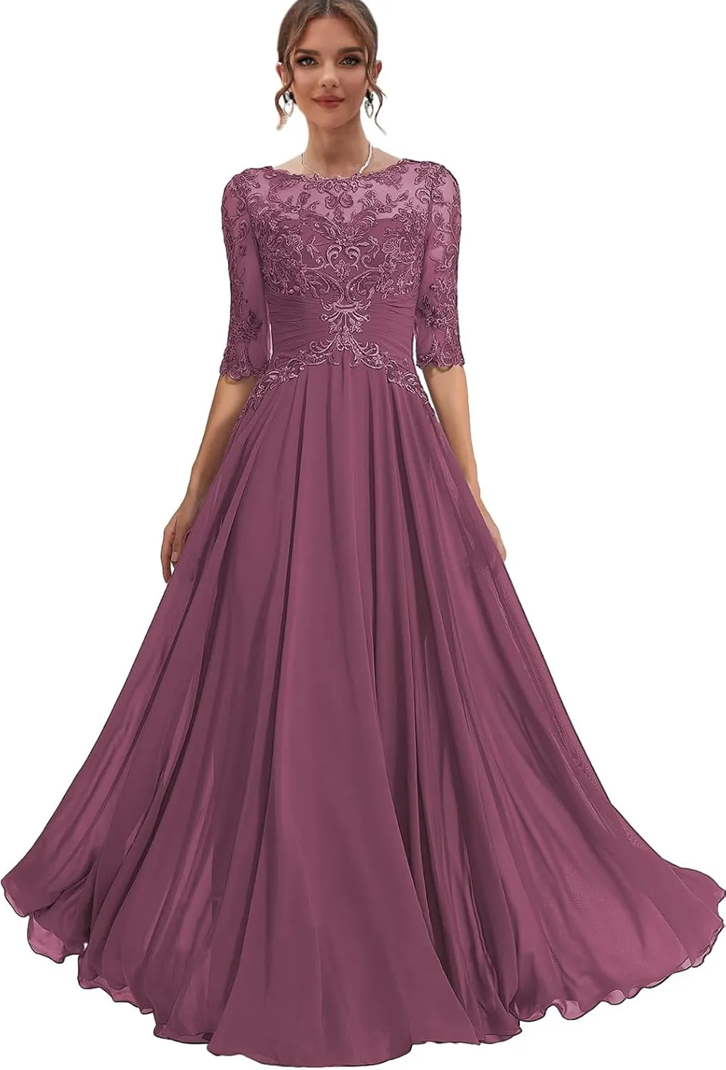 Chiffon Mother of The Bride Dresses for Women Lace Formal Dress with Half Sleeve Long Evening Gown