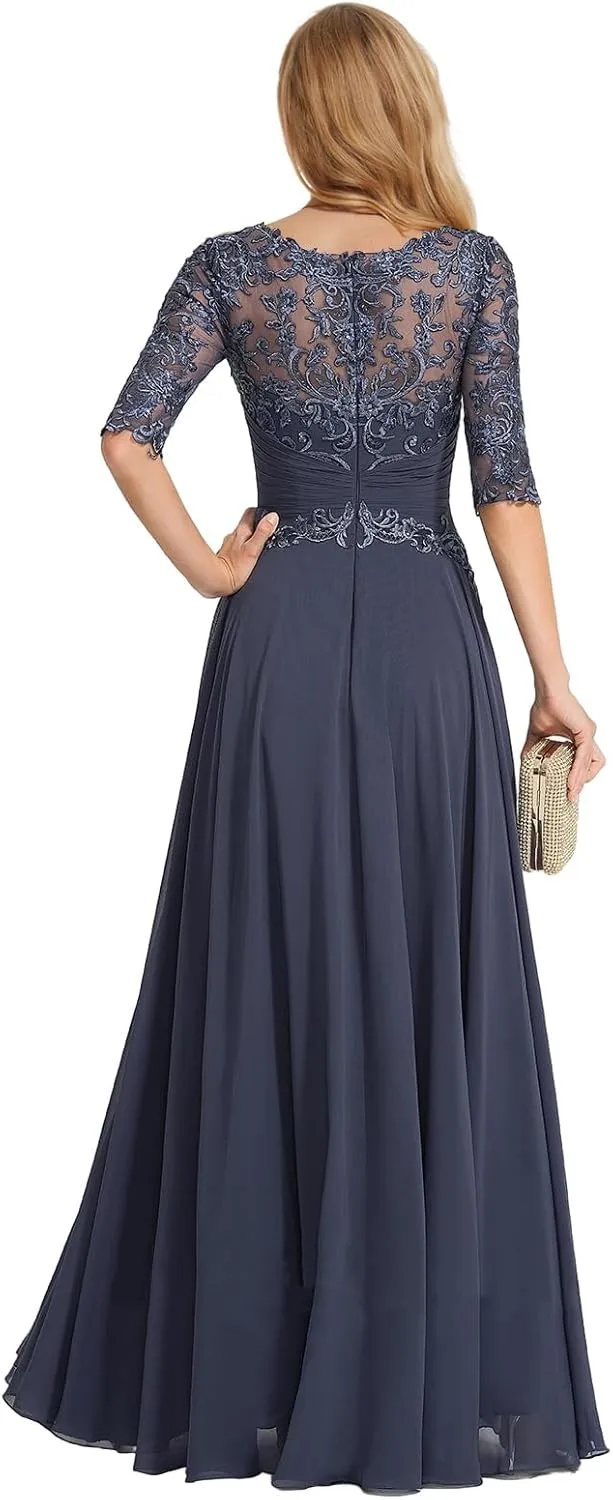 Chiffon Mother of The Bride Dresses for Women Lace Formal Dress with Half Sleeve Long Evening Gown