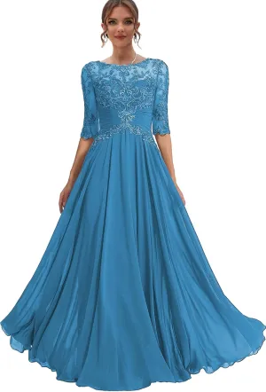 Chiffon Mother of The Bride Dresses for Women Lace Formal Dress with Half Sleeve Long Evening Gown