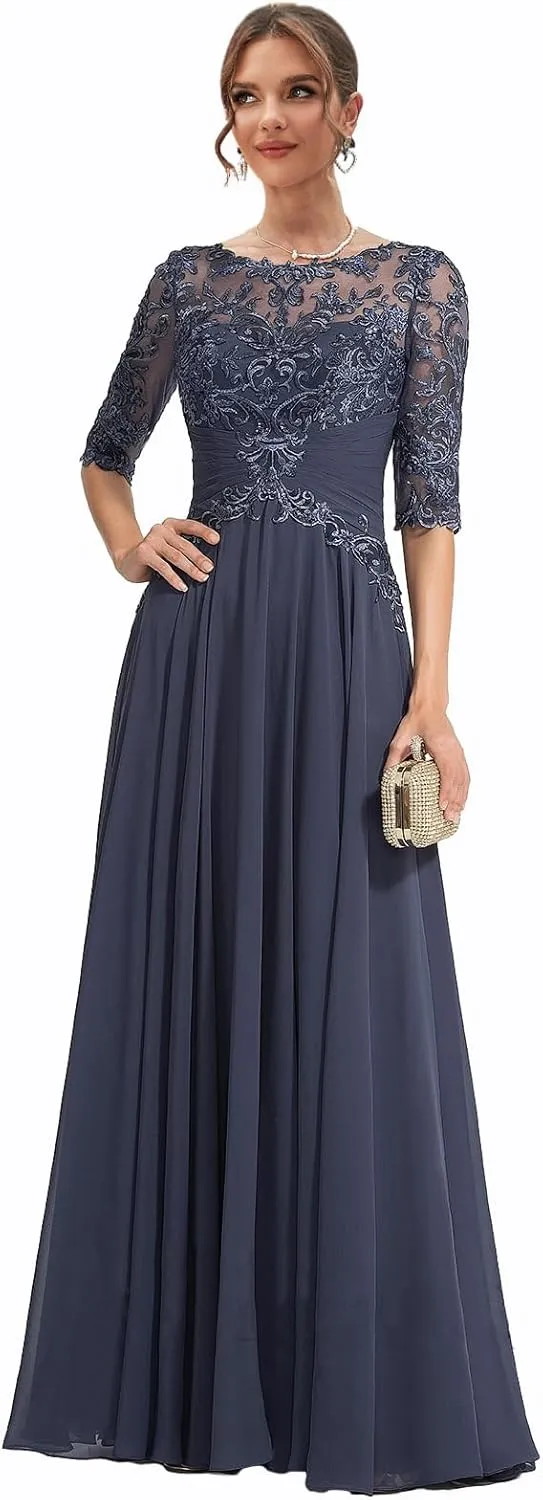 Chiffon Mother of The Bride Dresses for Women Lace Formal Dress with Half Sleeve Long Evening Gown