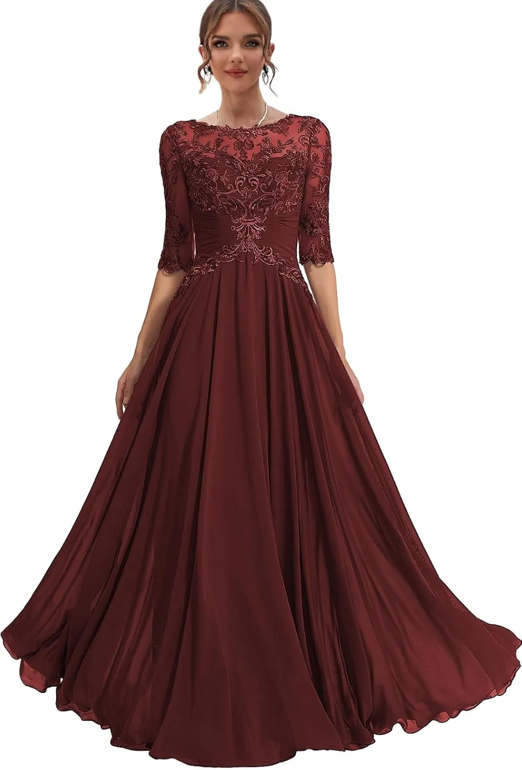 Chiffon Mother of The Bride Dresses for Women Lace Formal Dress with Half Sleeve Long Evening Gown