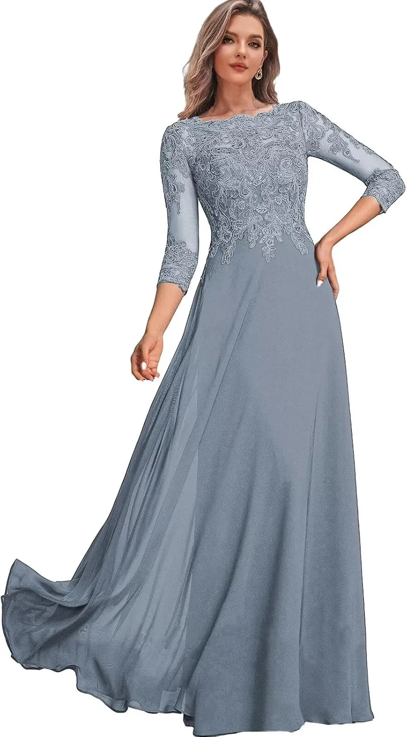 Chiffon Mother of The Bride Dresses for Women Lace Wedding Guest Formal Dress with Sleeves