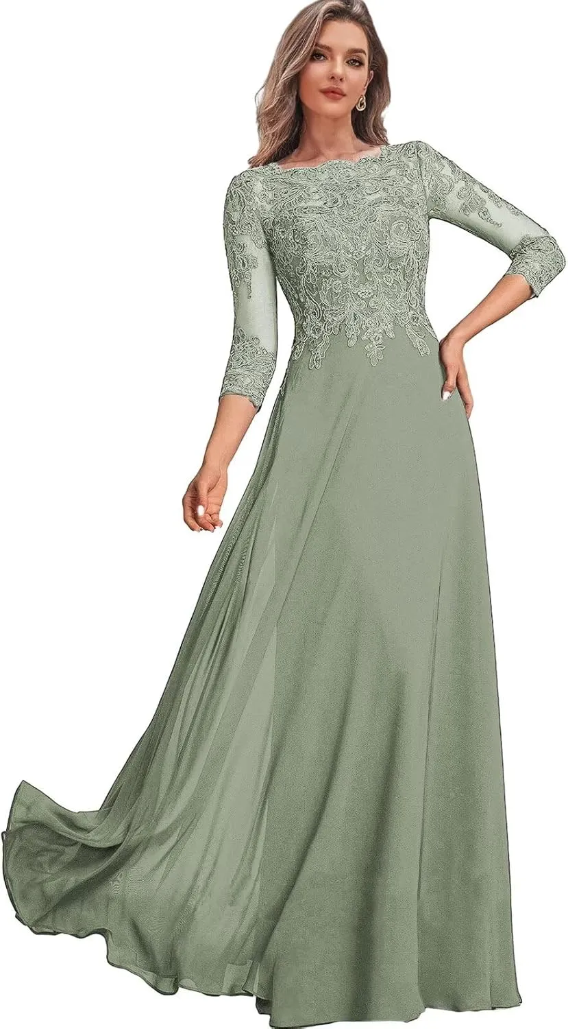 Chiffon Mother of The Bride Dresses for Women Lace Wedding Guest Formal Dress with Sleeves