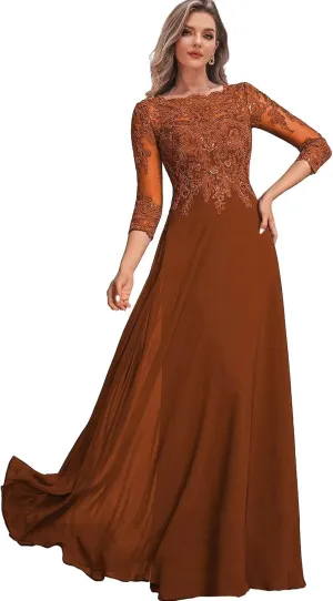 Chiffon Mother of The Bride Dresses for Women Lace Wedding Guest Formal Dress with Sleeves
