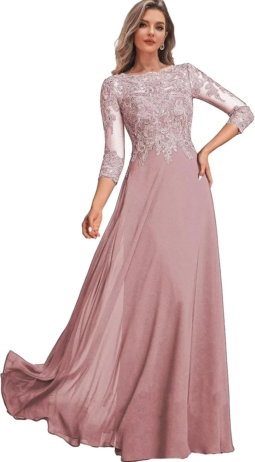 Chiffon Mother of The Bride Dresses for Women Lace Wedding Guest Formal Dress with Sleeves