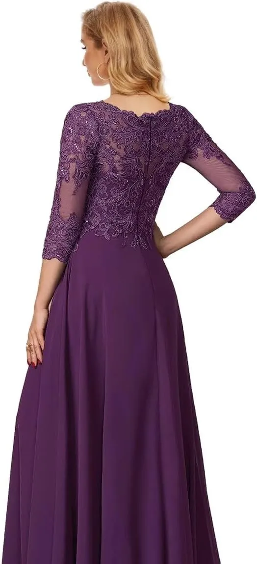 Chiffon Mother of The Bride Dresses for Women Lace Wedding Guest Formal Dress with Sleeves