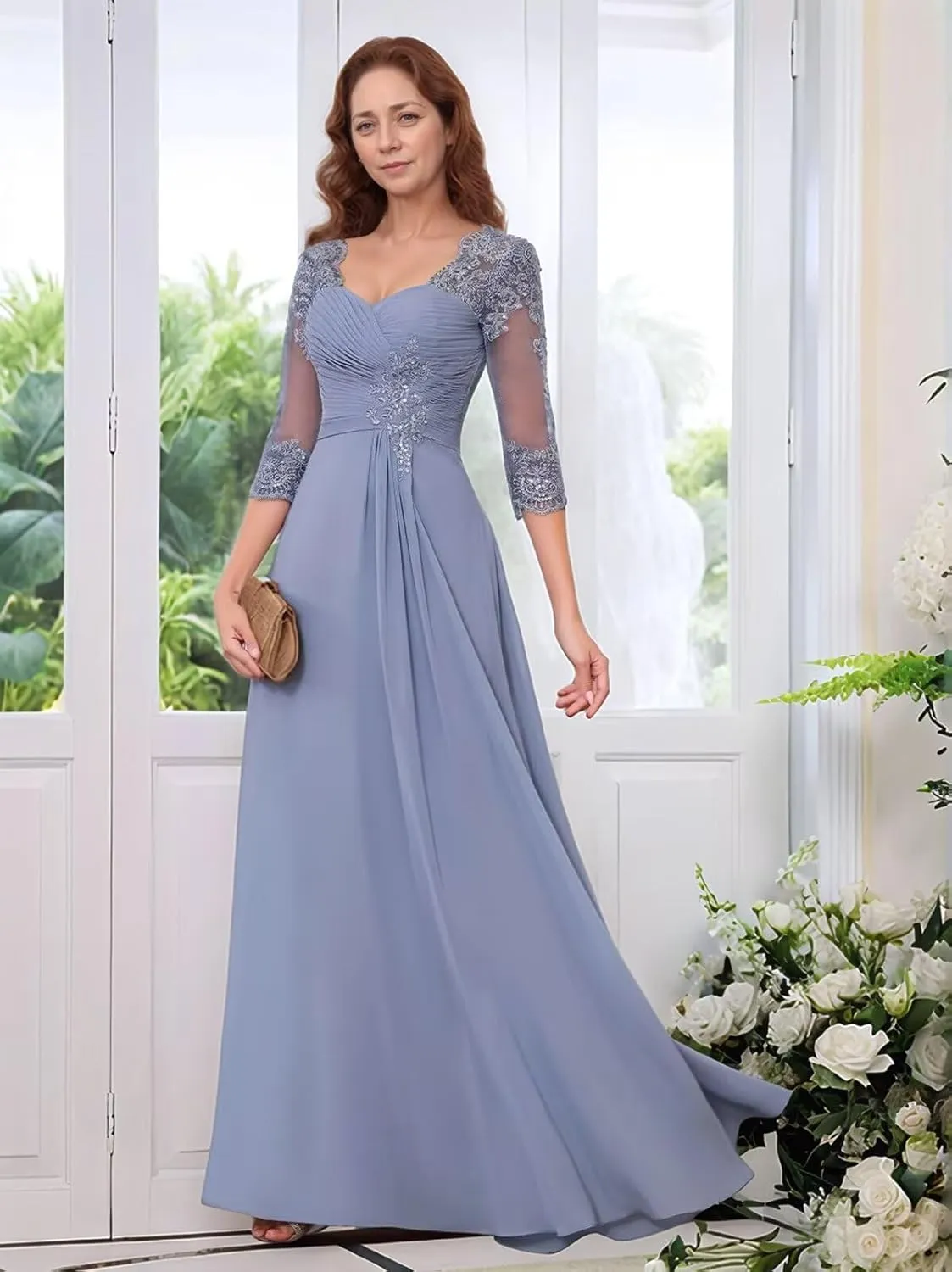 Chiffon Mother of The Bride Dresses Long 2025 Lace Appliques Half Sleeve Formal Evening Gowns for Women