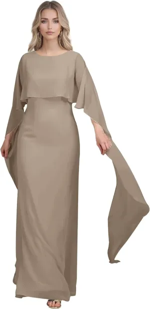 Chiffon Mother of The Bride Dresses Long Sleeve Mother of The Groom Dresses Cowl Neck Ruffle Evening Gowns