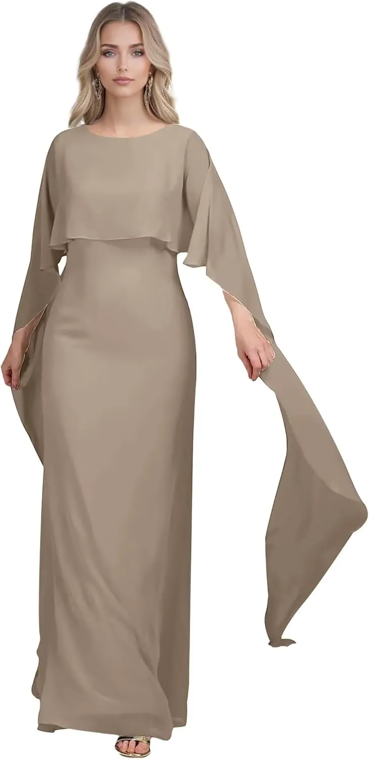 Chiffon Mother of The Bride Dresses Long Sleeve Mother of The Groom Dresses Cowl Neck Ruffle Evening Gowns