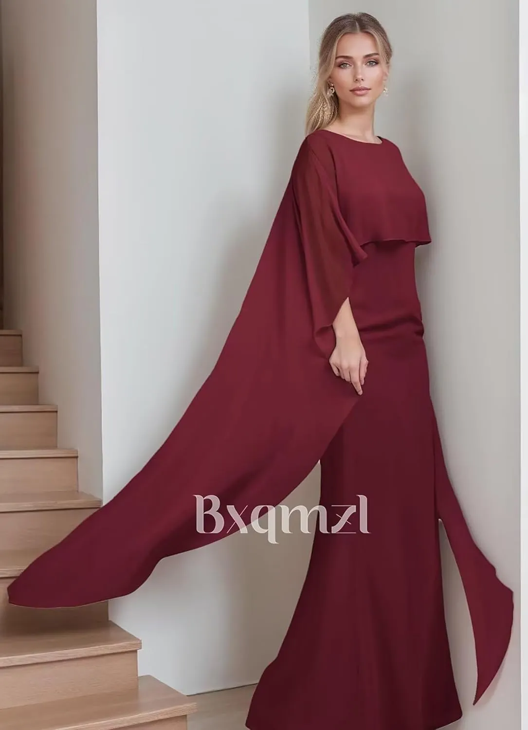 Chiffon Mother of The Bride Dresses Long Sleeve Mother of The Groom Dresses Cowl Neck Ruffle Evening Gowns
