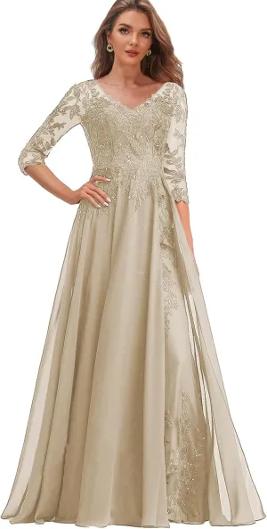 Chiffon Mother of The Bride Dresses with Sleeves Lace Wedding Party Dress for Women V Neck Long Formal Gown