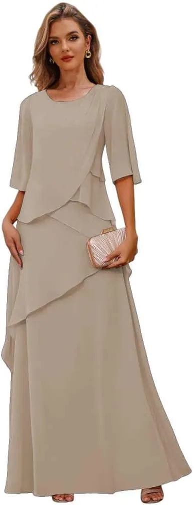 Chiffon Mother of The Bride Dresses with Sleeves Tiered Wedding Guest Formal Dress for Women
