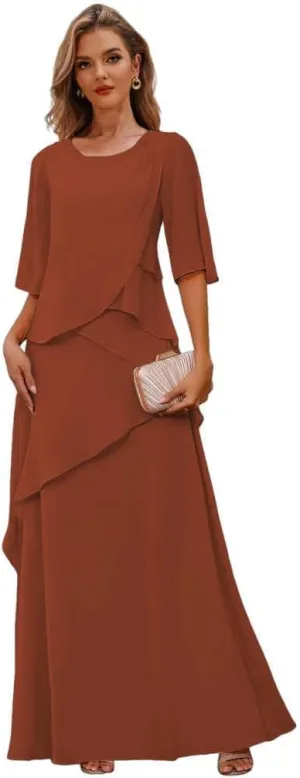 Chiffon Mother of The Bride Dresses with Sleeves Tiered Wedding Guest Formal Dress for Women