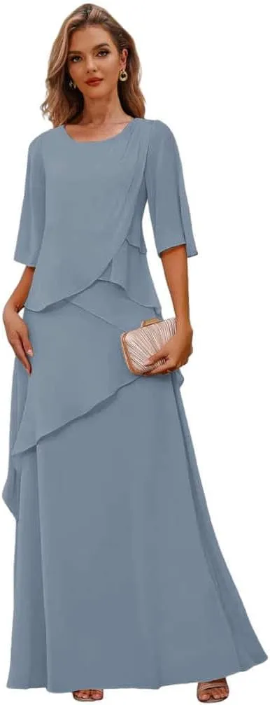 Chiffon Mother of The Bride Dresses with Sleeves Tiered Wedding Guest Formal Dress for Women