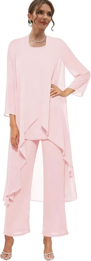 Chiffon Mother of The Bride Pant Suits with Jacket 3 Pieces Formal Dress for Wedding Guest Long Outfit Set
