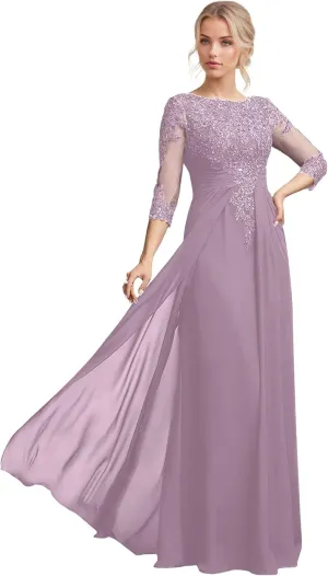 Chiffon Mother of The Bride&Groom Dresses for Women 3/4 Sleeves Sequin Appliques Formal Evening Gowns for Wedding