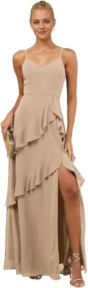 Chiffon Ruffle Bridesmaid Dresses Spaghetti Strap Prom Dress with Slit Formal Mermaid Party Dresses HGR98