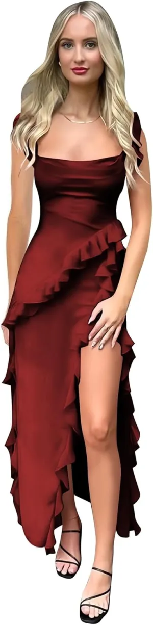 Chiffon Ruffle Prom Dress Long Mermaid Bridesmaid Dresses with Slit Square Neck Formal Evening Gowns