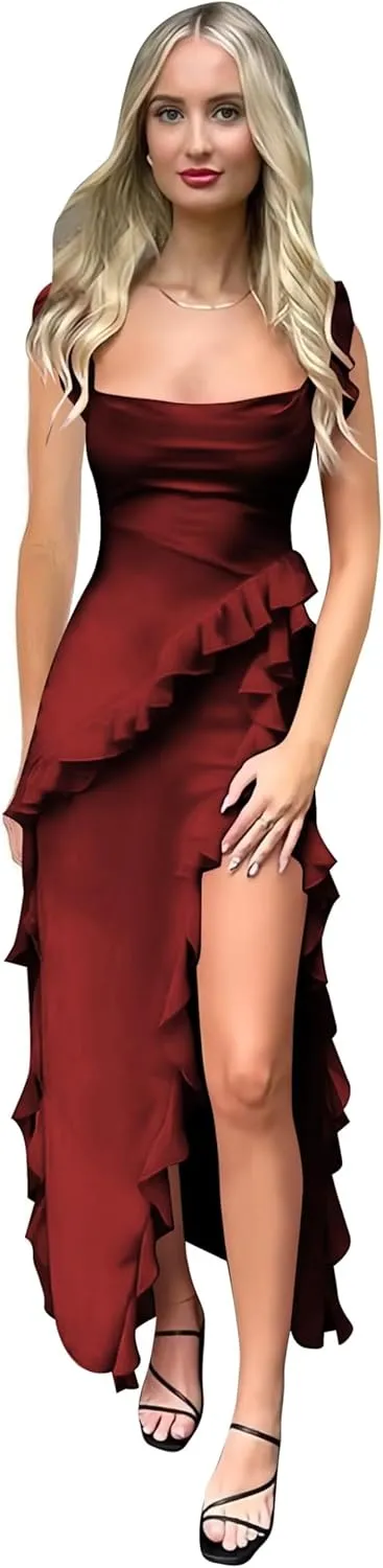 Chiffon Ruffle Prom Dress Long Mermaid Bridesmaid Dresses with Slit Square Neck Formal Evening Gowns