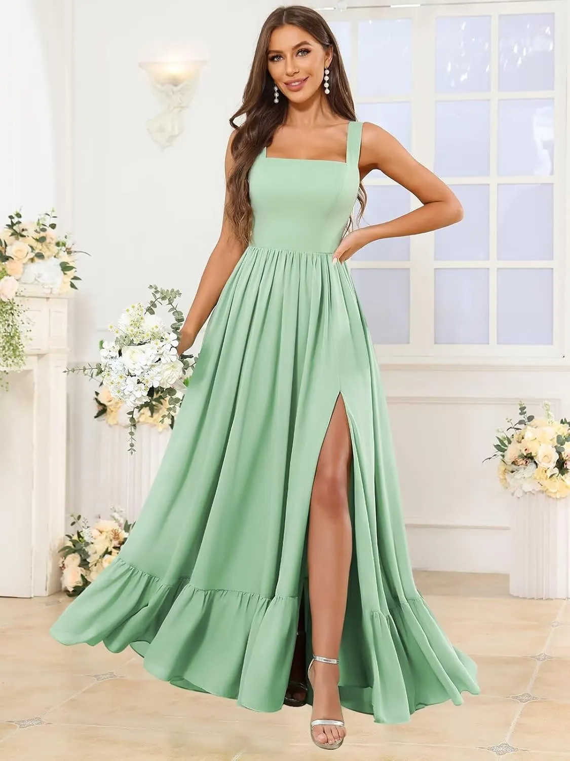 Chiffon Ruffles Bridesmaid Dresses for Women Long A Line Square Neck Formal Evening Gown with Slit