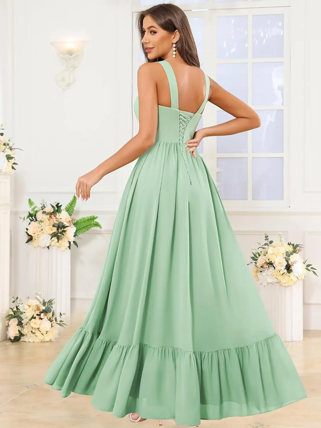 Chiffon Ruffles Bridesmaid Dresses for Women Long A Line Square Neck Formal Evening Gown with Slit