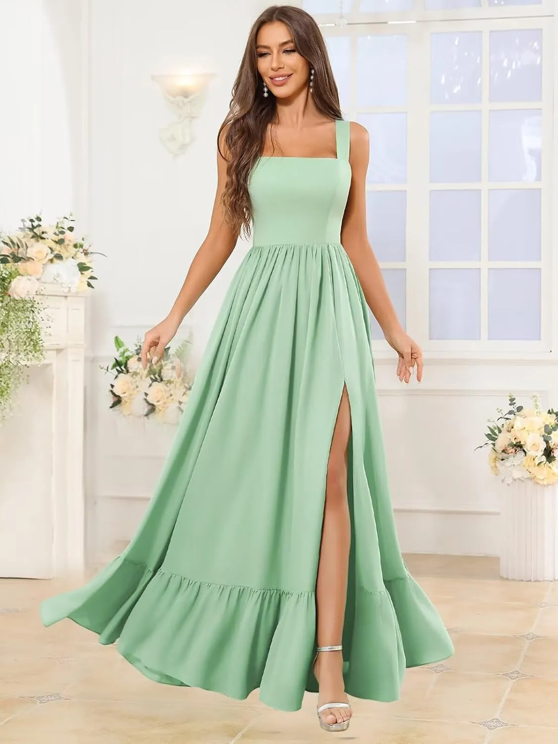 Chiffon Ruffles Bridesmaid Dresses for Women Long A Line Square Neck Formal Evening Gown with Slit