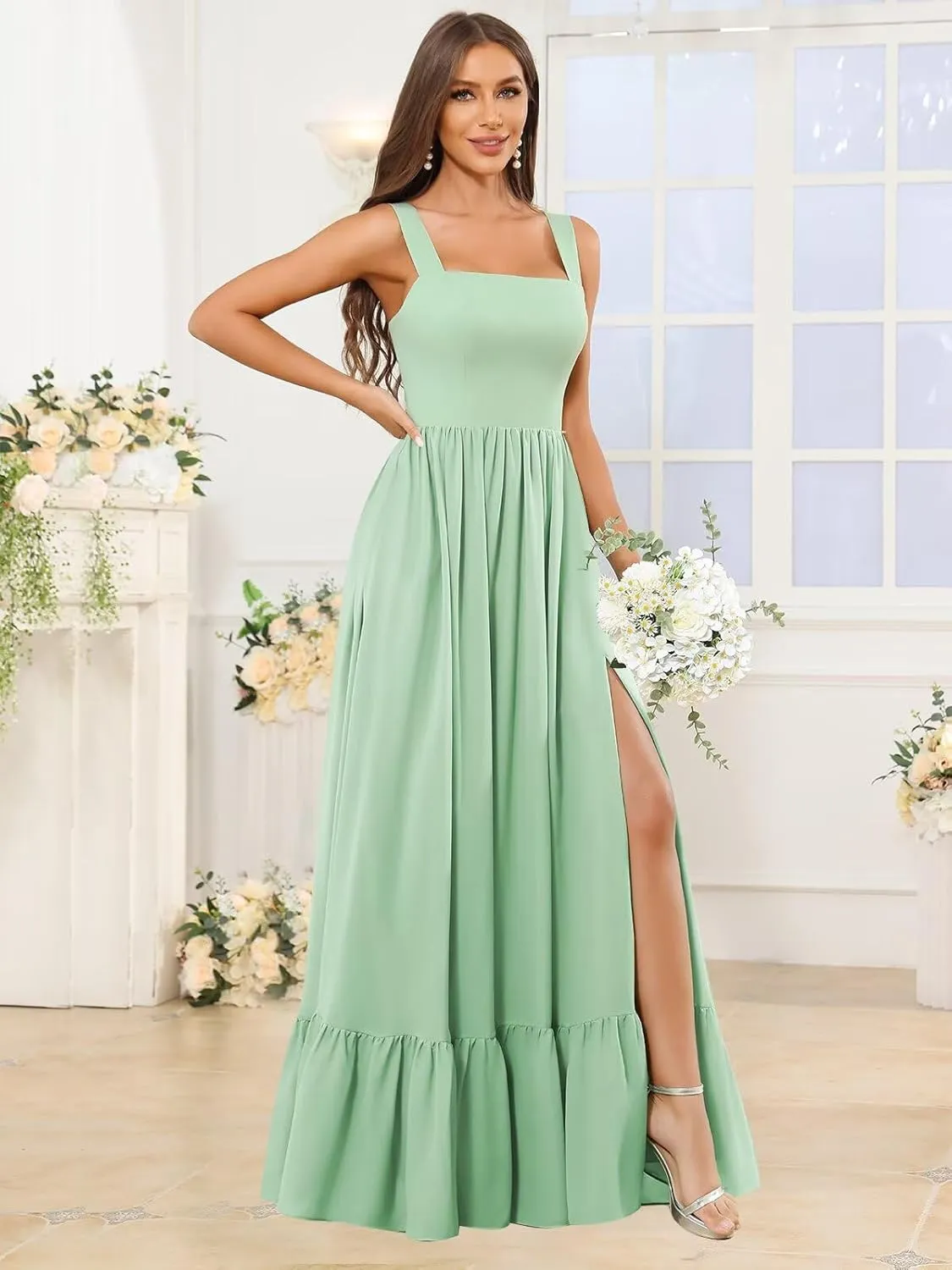 Chiffon Ruffles Bridesmaid Dresses for Women Long A Line Square Neck Formal Evening Gown with Slit
