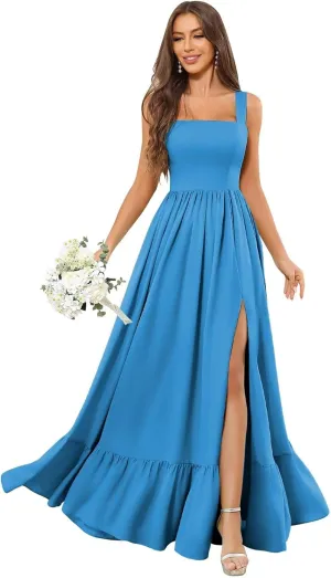 Chiffon Ruffles Bridesmaid Dresses for Women Long A Line Square Neck Formal Evening Gown with Slit