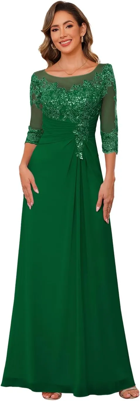 Clothfun Chiffon Lace Applique Mother of The Bride Dress 2025 3/4 Sleeves Wedding Guest Dress for Women CY185