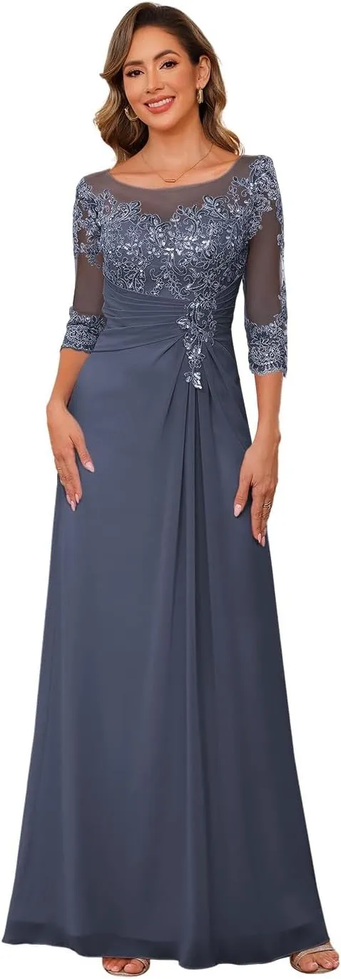 Clothfun Chiffon Lace Applique Mother of The Bride Dress 2025 3/4 Sleeves Wedding Guest Dress for Women CY185