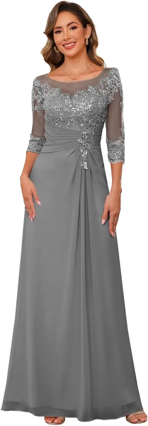 Clothfun Chiffon Lace Applique Mother of The Bride Dress 2025 3/4 Sleeves Wedding Guest Dress for Women CY185