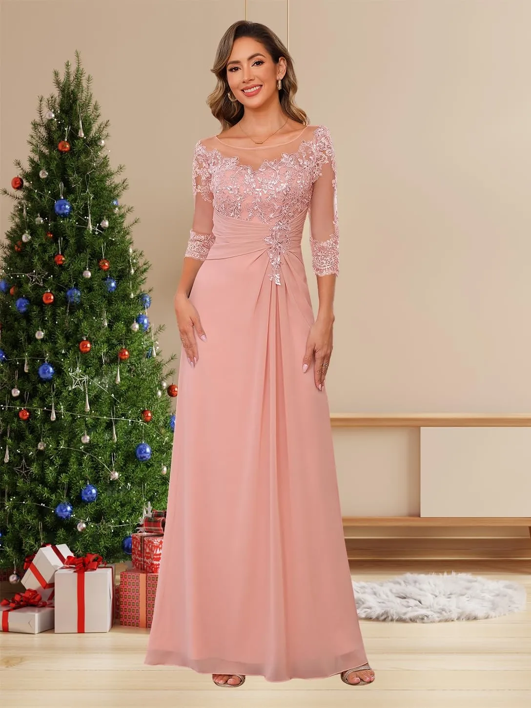 Clothfun Chiffon Lace Applique Mother of The Bride Dress 2025 3/4 Sleeves Wedding Guest Dress for Women CY185