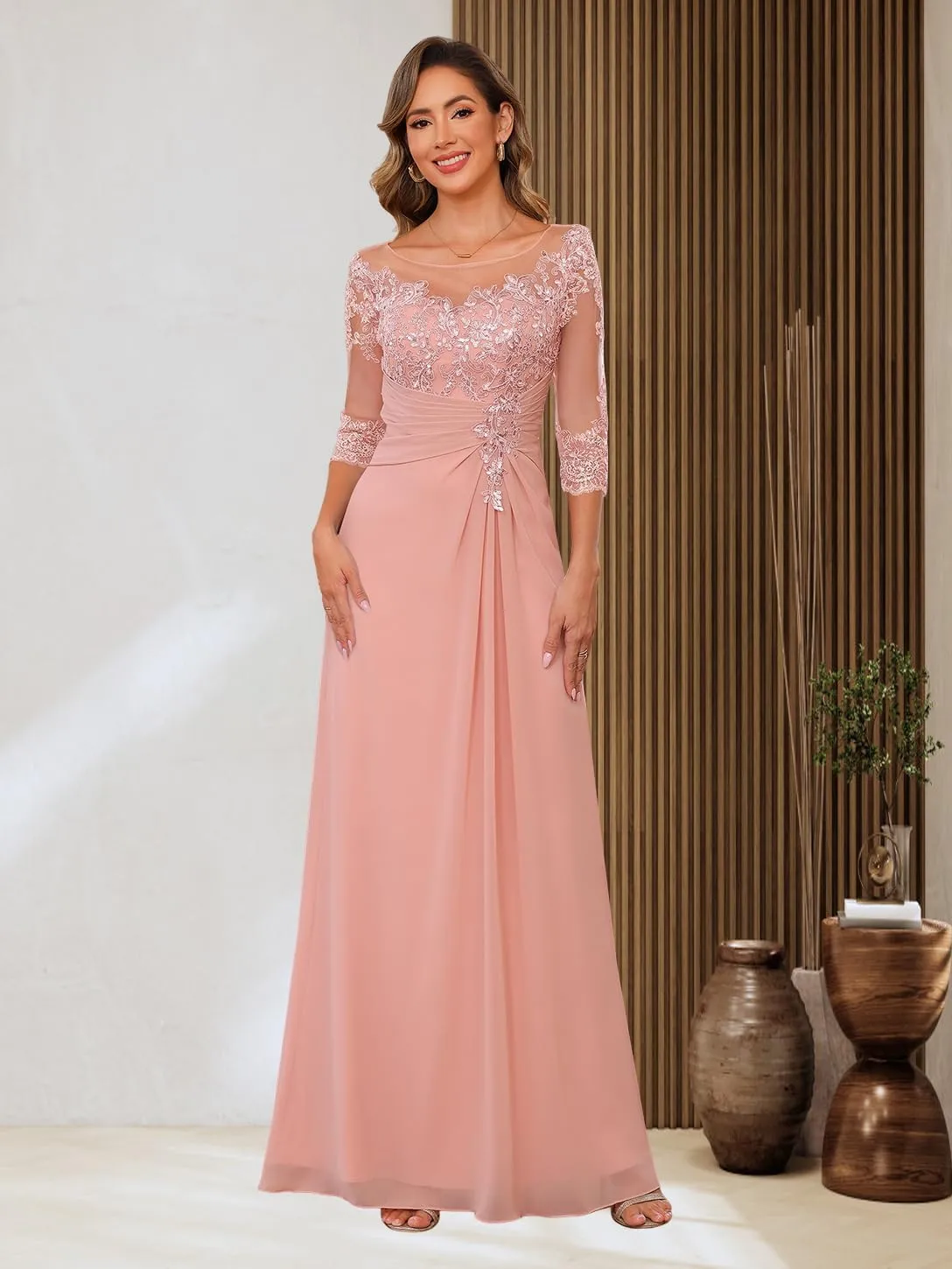 Clothfun Chiffon Lace Applique Mother of The Bride Dress 2025 3/4 Sleeves Wedding Guest Dress for Women CY185