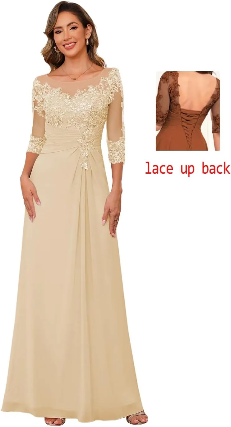 Clothfun Chiffon Lace Applique Mother of The Bride Dress 2025 3/4 Sleeves Wedding Guest Dress for Women CY185
