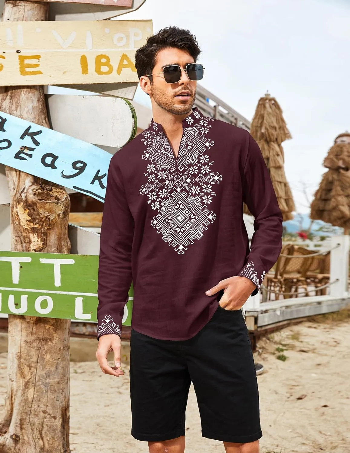 COOFANDY Men's Henley Shirt Vyshyvanka Long Sleeve African Print Shirts Casual Zip Up Cotton Linen Beach Hippie Shirt