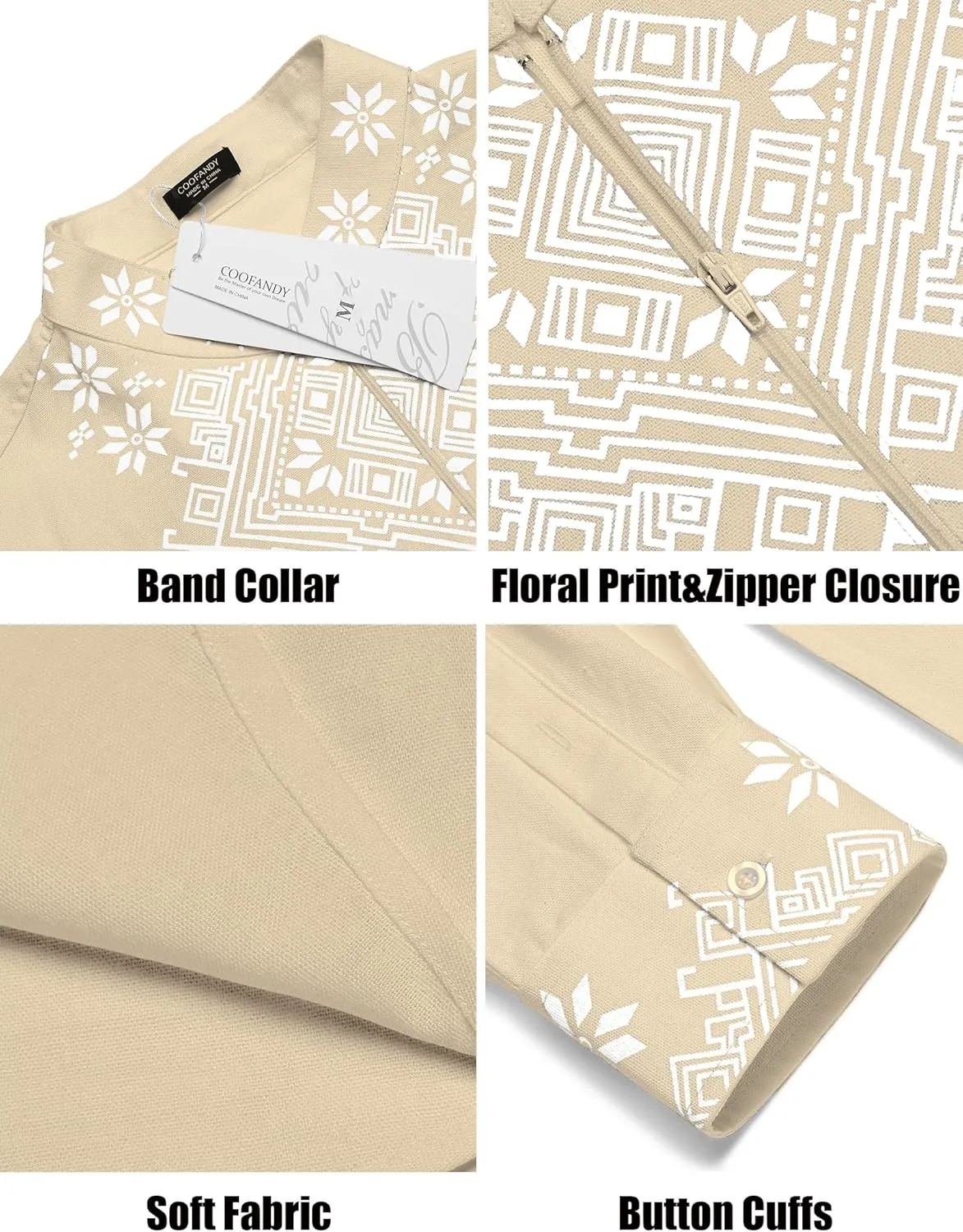 COOFANDY Men's Henley Shirt Vyshyvanka Long Sleeve African Print Shirts Casual Zip Up Cotton Linen Beach Hippie Shirt