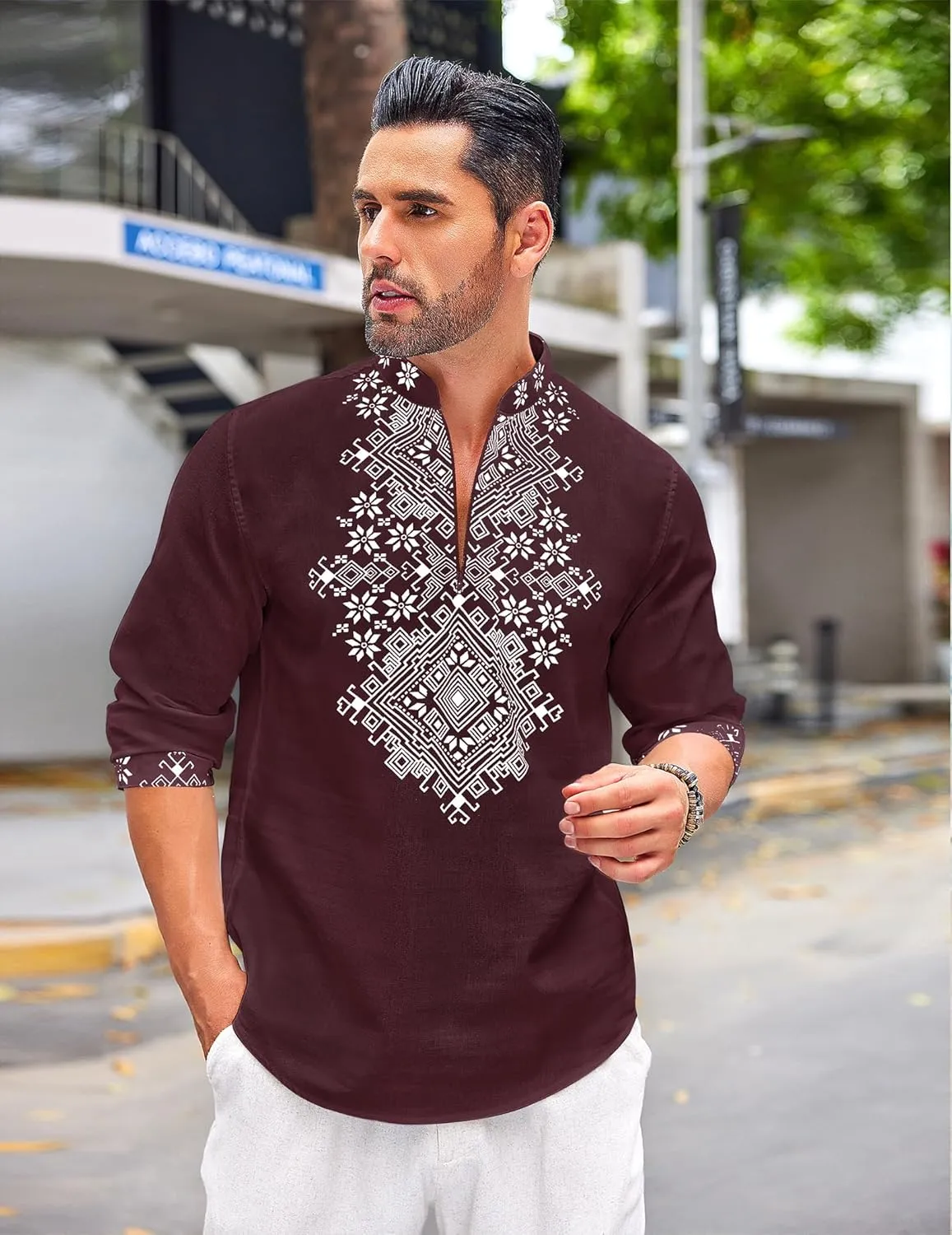 COOFANDY Men's Henley Shirt Vyshyvanka Long Sleeve African Print Shirts Casual Zip Up Cotton Linen Beach Hippie Shirt