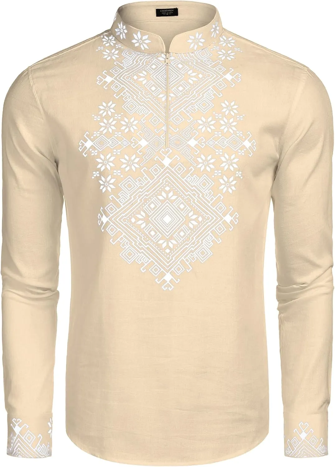 COOFANDY Men's Henley Shirt Vyshyvanka Long Sleeve African Print Shirts Casual Zip Up Cotton Linen Beach Hippie Shirt
