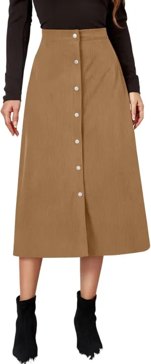 COTECRAM Corduroy Skirt Women Trendy Fall Winter High Waist Button Down A-Line Midi Skirts Dressy Casual Work Office Dresses