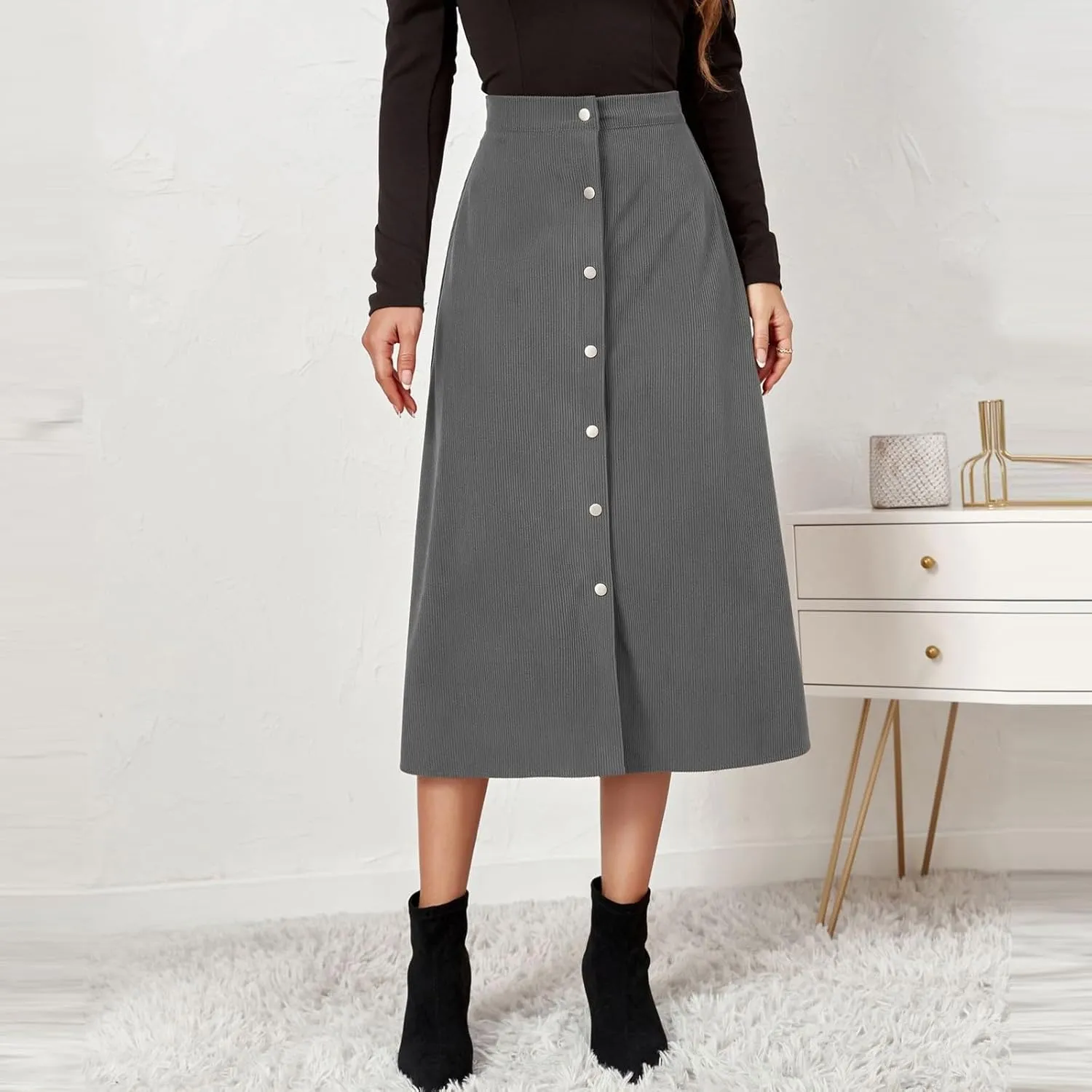 COTECRAM Corduroy Skirt Women Trendy Fall Winter High Waist Button Down A-Line Midi Skirts Dressy Casual Work Office Dresses