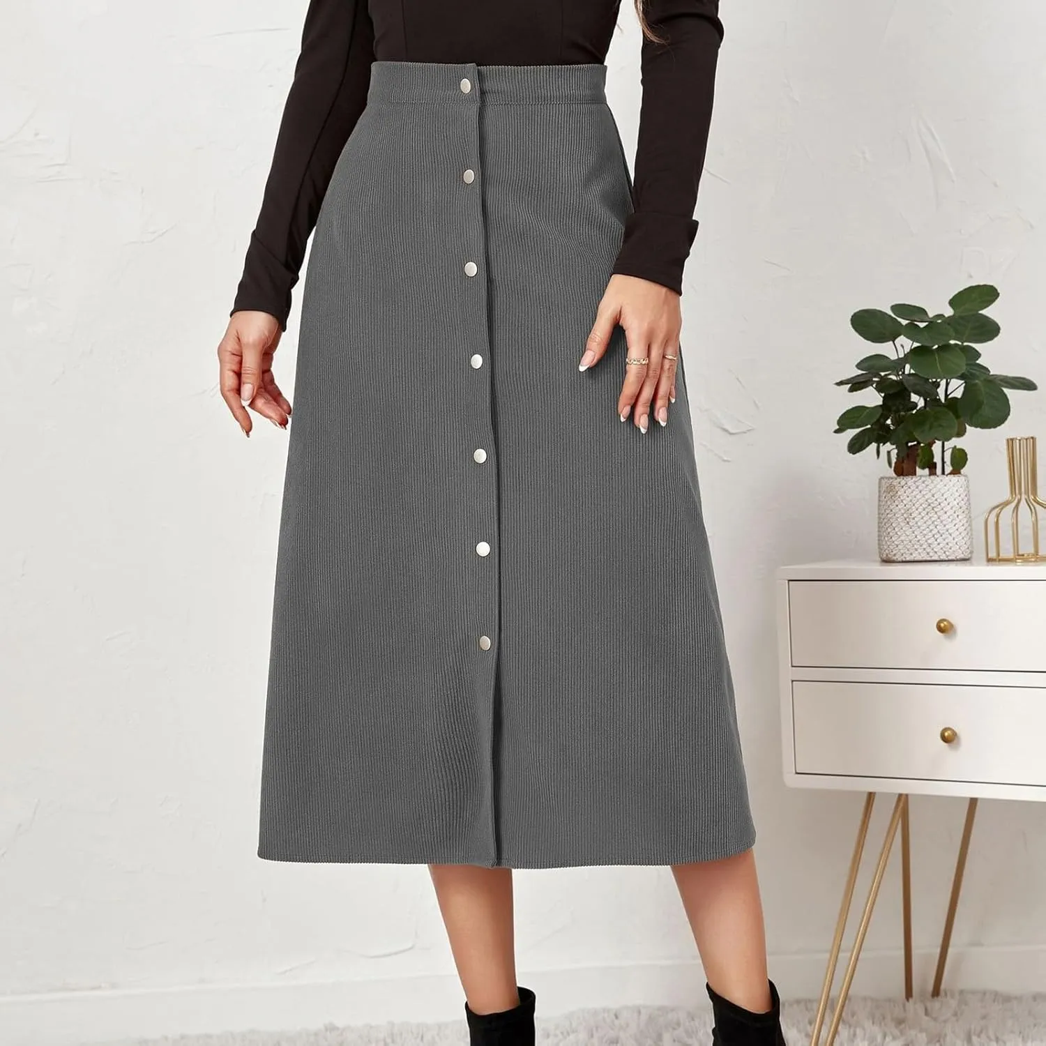 COTECRAM Corduroy Skirt Women Trendy Fall Winter High Waist Button Down A-Line Midi Skirts Dressy Casual Work Office Dresses