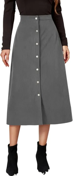 COTECRAM Corduroy Skirt Women Trendy Fall Winter High Waist Button Down A-Line Midi Skirts Dressy Casual Work Office Dresses