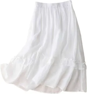 Cotton Linen Skirts for Women Elastic Waisted Vintage Ruffle Hem Midi Skirt Summer Solid Color Vacation Flowy Skirt