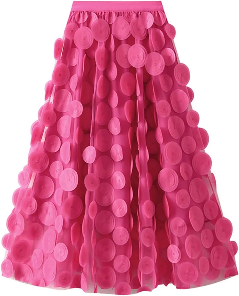 Cute 3D Polka Dots Midi Skirt for Women Elastic Waist Flowy Tulle A-Line Skirts Wedding Halloween Party Mesh Skirt